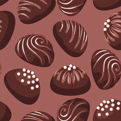 Chocolate candy truffles seamless pattern. Brown background with sweets. Vector cartoon flat illustration.