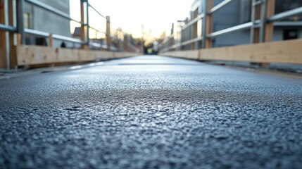 Obraz premium Close-up view of a freshly paved textured asphalt road surface on a bridge with metal railings and a cloudy sky in the background du daytime