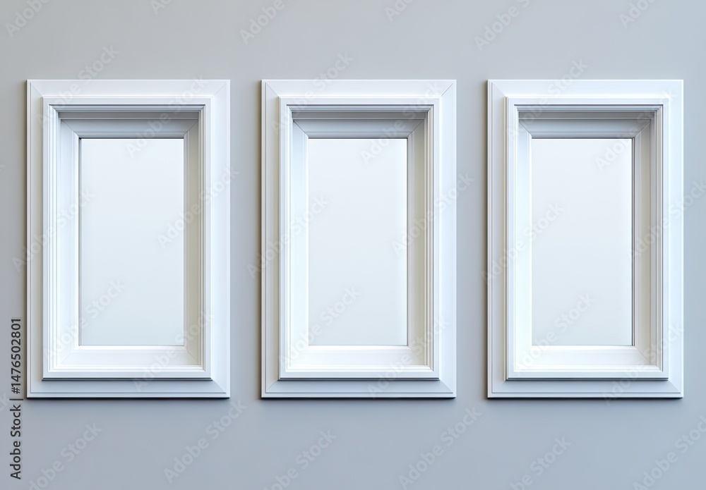 Poster a minimalist composition featuring three elegant. white-framed windows arranged symmetrically agains