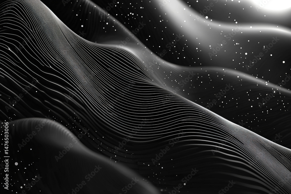 Poster abstract monochrome wavy lines. abstract monochrome art depicts a flowing landscape with intricate l