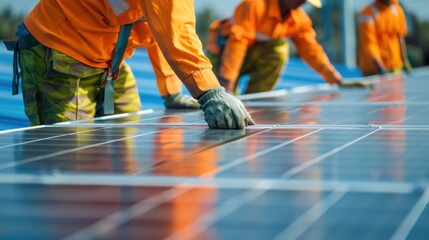 Close-up of construction workers securing solar panels onto a framework.