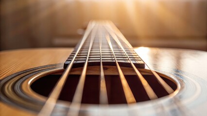 A close-up of an acoustic guitar's strings and soundhole, showcasing the craftsmanship and warm lighting that highlights its texture.