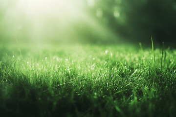 Naklejka premium Dewy Green Grass in Sunlight Nature Scene