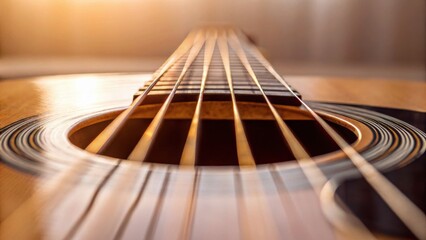 Obraz premium Close-up view of a guitar's strings and soundhole, showcasing detailed craftsmanship and warm lighting.