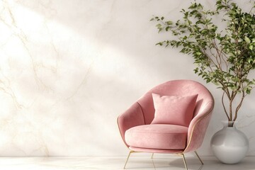 Elegant, blush pink armchair in a modern, minimalist interior