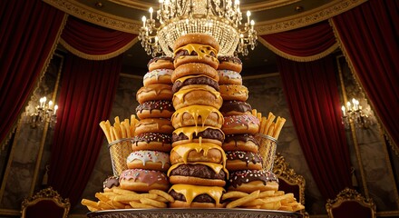 Fototapeta premium Extravagant junk food pyramid of donuts, burgers and fries in ornate setting