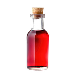 Deep red liquid in a small glass bottle with a cork stopper