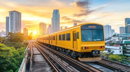 Naklejka premium Yellow Train on Elevated Tracks at Sunset Cityscapes