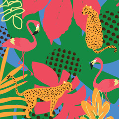 Tropical jungle pattern with cheetahs and flamingos in bold flat style
