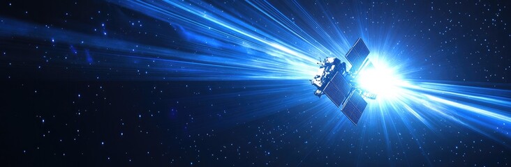 Naklejka premium A futuristic satellite or spacecraft gliding through the vastness of space. surrounded by shimmering stars and cosmic rays. symbolizing advanced technology and exploration