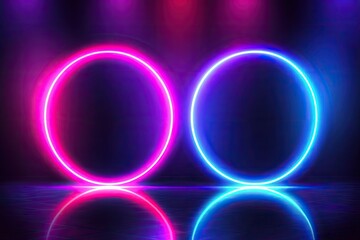 Naklejka premium A vibrant neon archway illuminated in pink and blue hues reflects on a calm water surface. creating an ethereal atmosphere ideal for futuristic or abstract themes