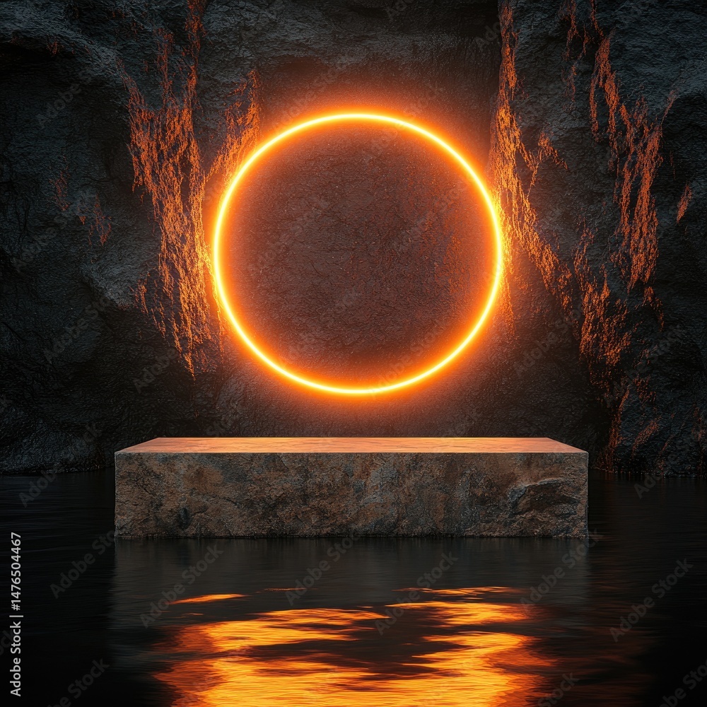 Poster a glowing orange neon circle illuminated against dark rocky cliffs. reflecting on calm water. creati