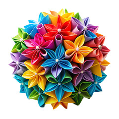 Rainbow Origami Flower Sphere Colorful Paper Art on transparent background