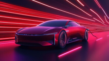 Naklejka premium Elegant Red Electric Car Charging in Futuristic Neon Lit Environment