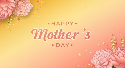 Naklejka premium Happy Mothers Day floral banner with flowers ribbons and confetti