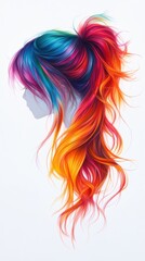 Woman's Profile with Rainbow Hair in a Ponytail Artistic Rendered Illustration on White Background Hair Style Fashion