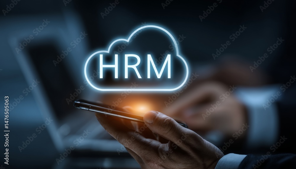 Poster businessman accessing hrm system via mobile device, cloud computing solutions, glowing