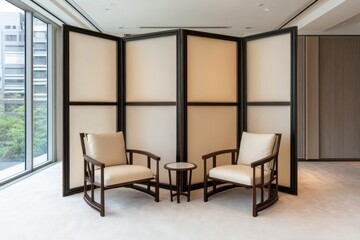 Modern, minimalist lounge area with light beige dividers and wooden armchairs