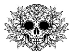 Floral Sugar Skull Illustration with Ornate Decorative Patterns and Details