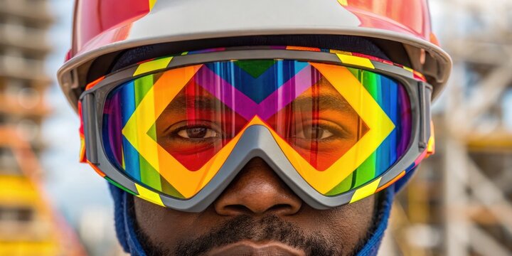 Close-up of a worker wearing colorful protective goggles and a hard hat, emphasizing safety and style in an industrial environment.