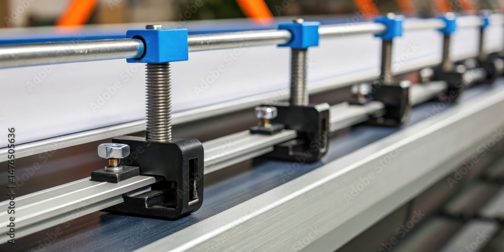 Poster close-up of precise clamps on a linear guide, showcasing mechanical components used in manufacturing