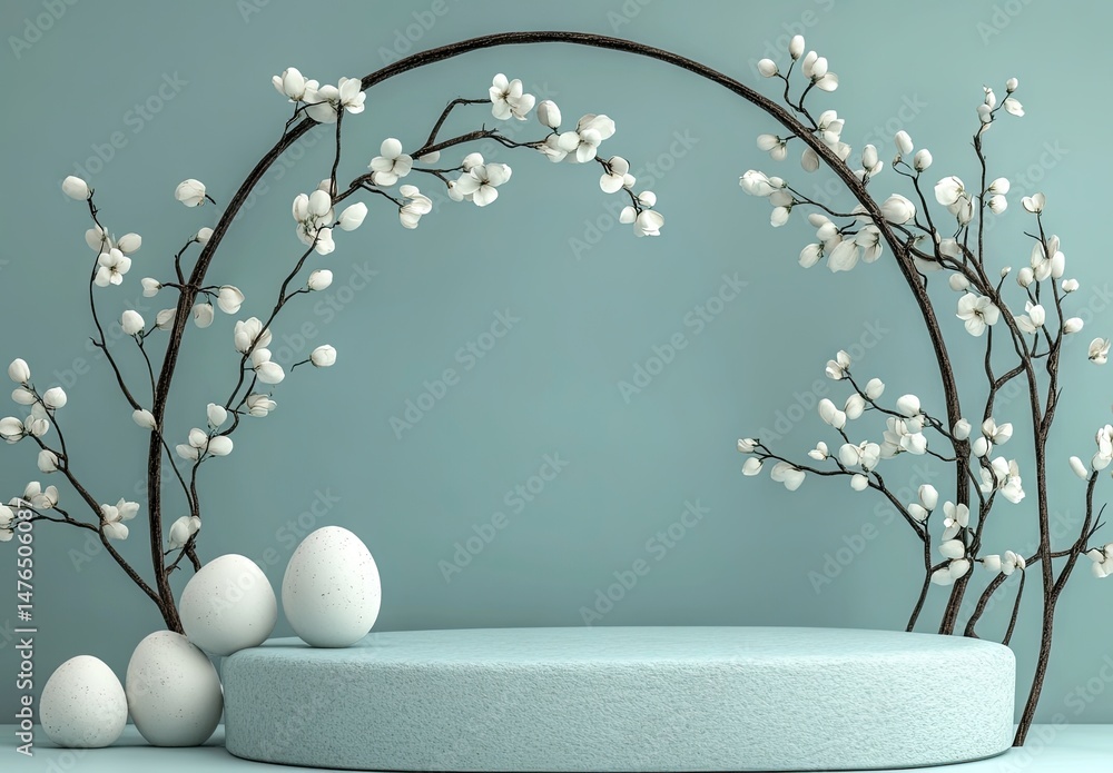 Poster a serene blue backdrop featuring a circular arch and a smooth platform adorned with delicate white l