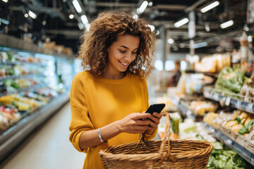 Young woman with curly hair wearing a yellow sweater is shopping in a grocery store, holding a phone and a wicker basket, surrounded by fresh produce and vibrant colors
