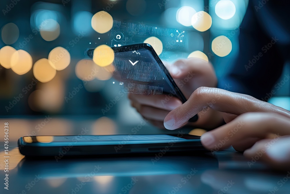 Poster a person using a smartphone to interact with digital documents. showcasing modern technology in a br
