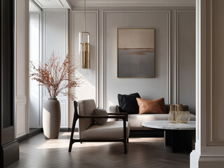 Aesthetic beautiful elegant  modern luxury interior design. Clear mock up empty wall for decoration in the apartment, painting frame. Copy space in the room.