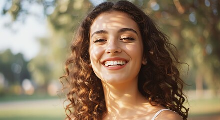 Fototapeta premium Smiling Woman with Curly Hair in Natural Light