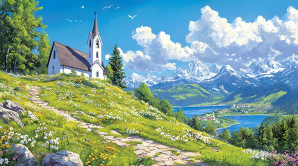Fototapeta premium Scenic Mountain Landscape with Church and Serene Lake View