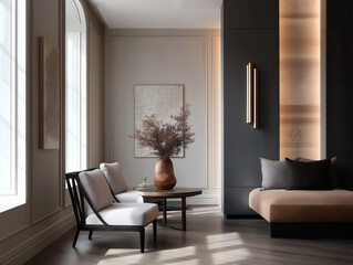 Aesthetic beautiful elegant  modern luxury interior design. Clear mock up empty wall for decoration in the apartment, painting frame. Copy space in the room.