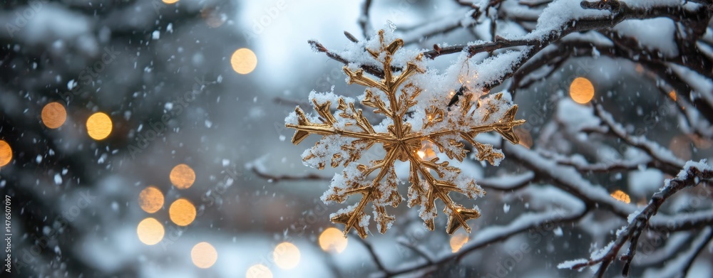 Poster a shimmering golden snowflake hangs delicately from a snow-covered branch. surrounded by softly glow