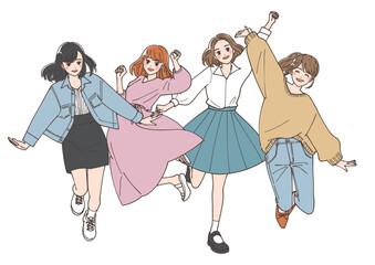 ジャンプしている若い女性たちのイラスト