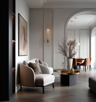 Aesthetic beautiful elegant  modern luxury interior design. Clear mock up empty wall for decoration in the apartment, painting frame. Copy space in the room.