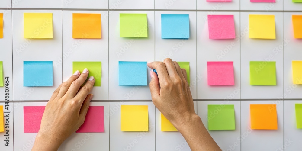 Poster hands adjusting colorful sticky notes on a white board, creating an organized display of thoughts or