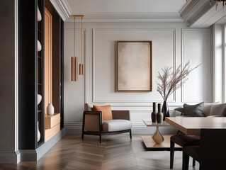 Fototapeta premium Aesthetic beautiful elegant modern luxury interior design. Clear mock up empty wall for decoration in the apartment, painting frame. Copy space in the room.