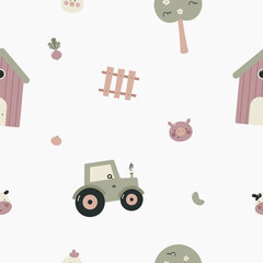 Seamless pattern with farm animals. Kids background. For card, posters, banners, books, printing on the pack, clothes, fabric, wallpaper, textile or dishes.	

