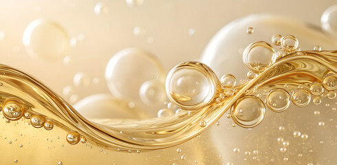 Golden liquid waves with floating bubbles on soft background, luxury abstract design.