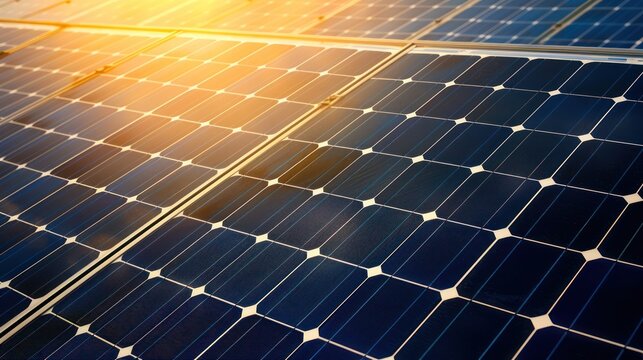 A detailed close-up of solar panels capturing sunlight and producing electricity. - Powered by Adobe