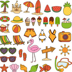 Collection of Summer Beach Vacation Doodle Elements 