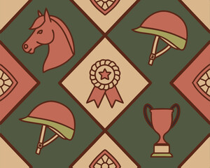 Vintage Equestrian Pattern with Horse, Trophy, Helmet, and Ribbon Icons