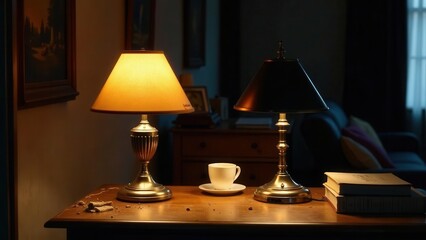 A pair of antique table lamps illuminate a quiet evening scene, casting a warm glow on a wooden surface, accompanied by a single cup and a stack of books, creating an atmosphere of peaceful solitude.