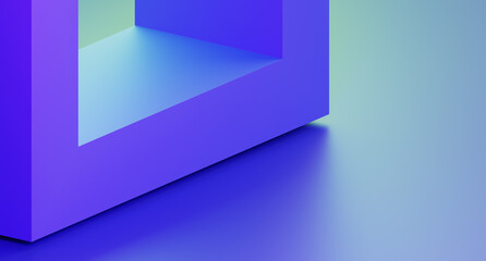 3d blue background with abstract geometric line pattern. Render square or rectangle frame with turquoise light, purple gradient and shadow on floor. Futuristic architecture design. 3D illustration