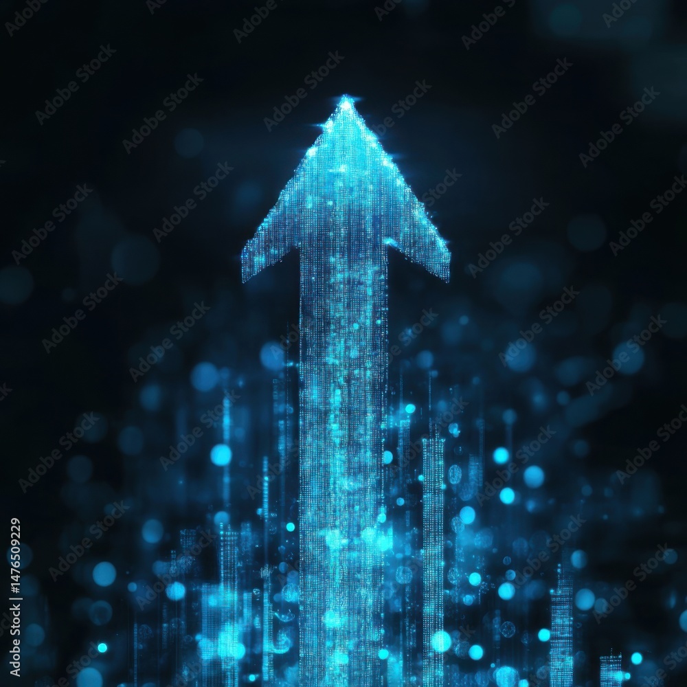 Poster digital arrow pointing upwards in blue tones representing growth success and achievement with bokeh 