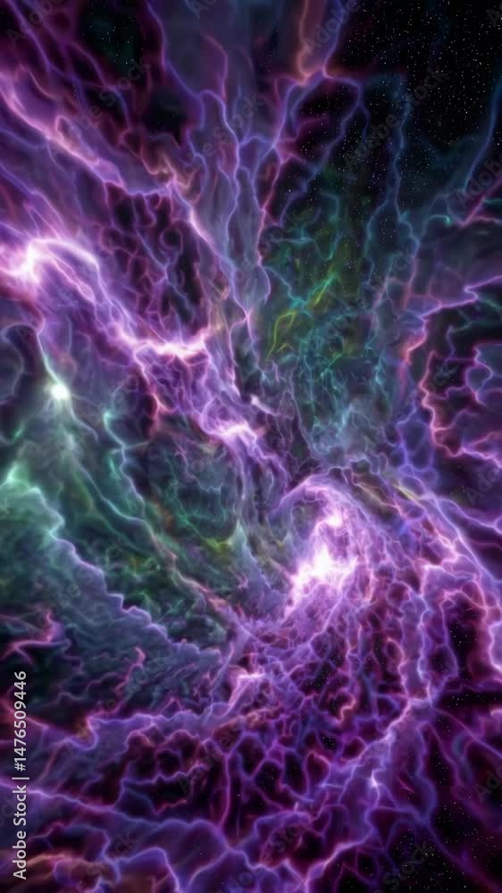 Poster mesmerizing cosmic nebula: pulsating purple and green energy vortex in deep space