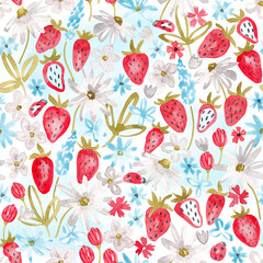 Flowers and strawberry seamless pattern. Abstract summer garden repeat tile hand drawn with watercolor. Childish floral design. Bright summer seamless tile for wallpaper, textile, fabric, packaging