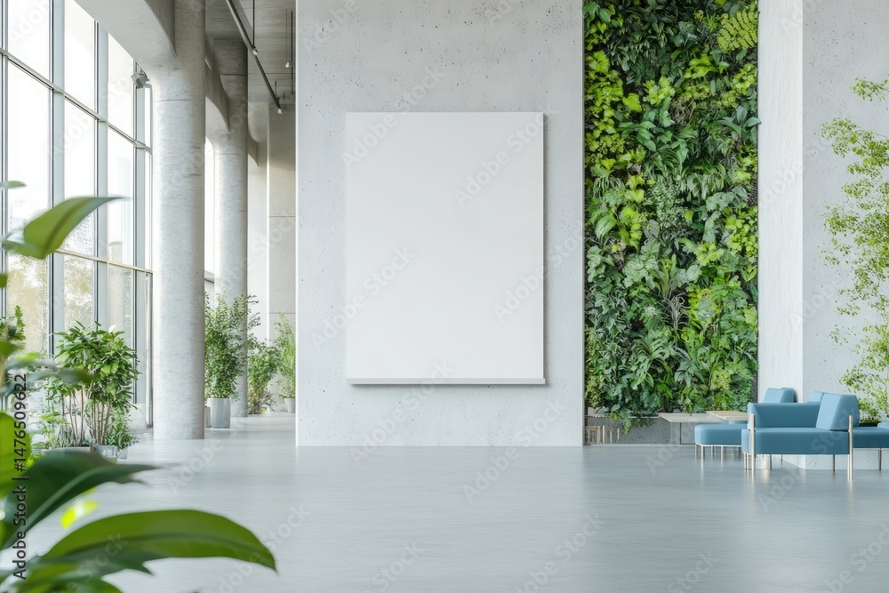 Poster modern interior of a spacious lobby with large windows. featuring green plants and minimalist furnit