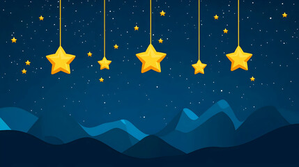Fototapeta premium Whimsical Starry Night with Hanging Stars and Mountain Silhouette