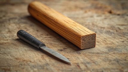 Wood carving knife and wooden block on rustic table surface.
